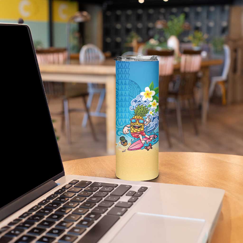 Hawaiian Funny Pineapple Surfing Skinny Tumbler Beach with Tribal Kakau and Plumeria LT03 - Polynesian Pride