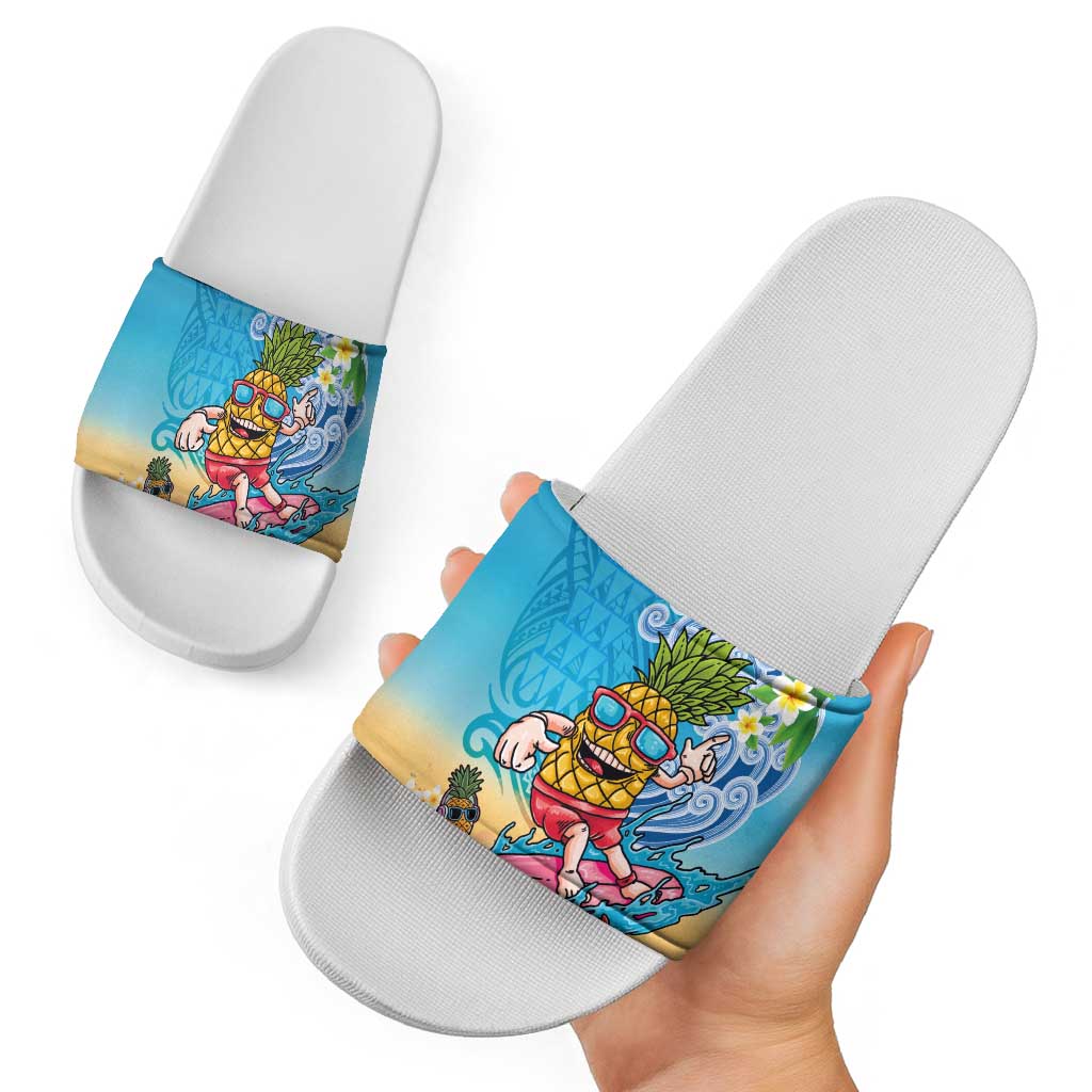 Hawaiian Funny Pineapple Surfing Slide Sandals Beach with Tribal Kakau and Plumeria