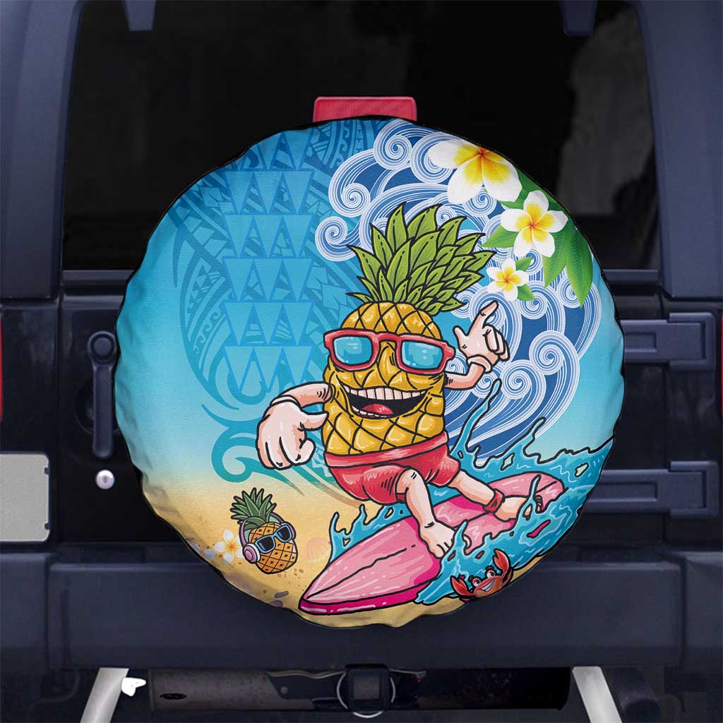 Hawaiian Funny Pineapple Surfing Spare Tire Cover Beach with Tribal Kakau and Plumeria