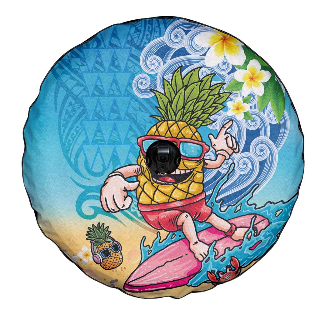 Hawaiian Funny Pineapple Surfing Spare Tire Cover Beach with Tribal Kakau and Plumeria