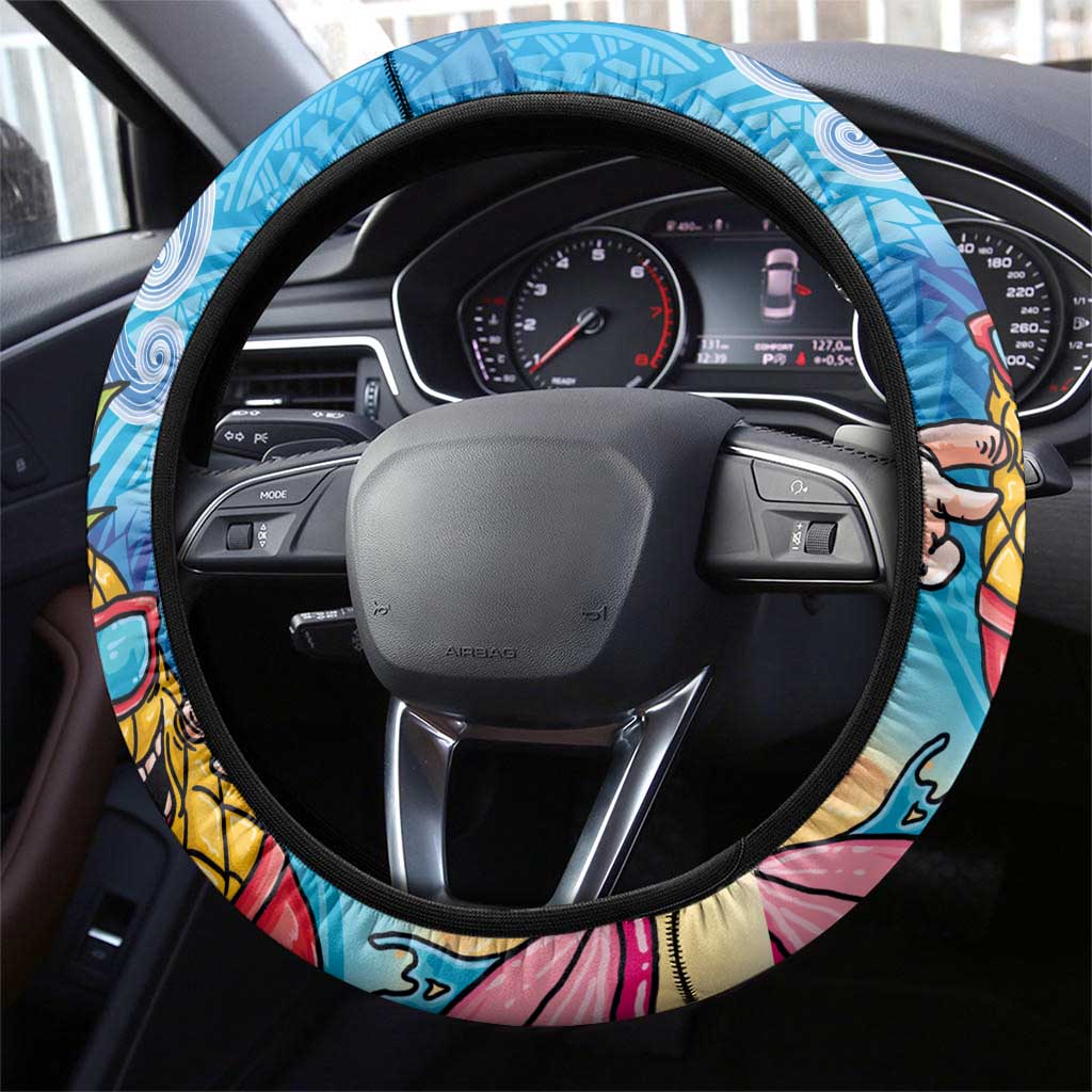 Hawaiian Funny Pineapple Surfing Steering Wheel Cover Beach with Tribal Kakau and Plumeria