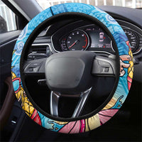 Hawaiian Funny Pineapple Surfing Steering Wheel Cover Beach with Tribal Kakau and Plumeria