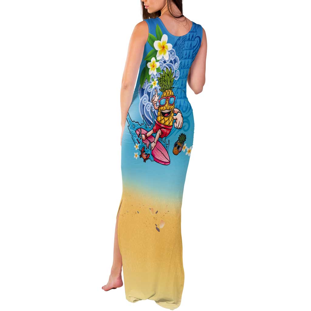 Hawaiian Funny Pineapple Surfing Tank Maxi Dress Beach with Tribal Kakau and Plumeria LT03 - Polynesian Pride