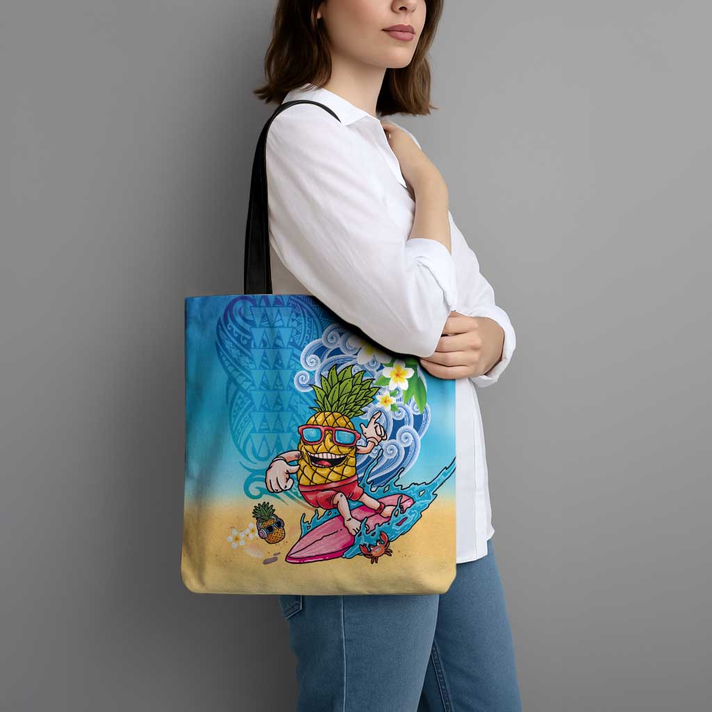 Hawaiian Funny Pineapple Surfing Tote Bag Beach with Tribal Kakau and Plumeria