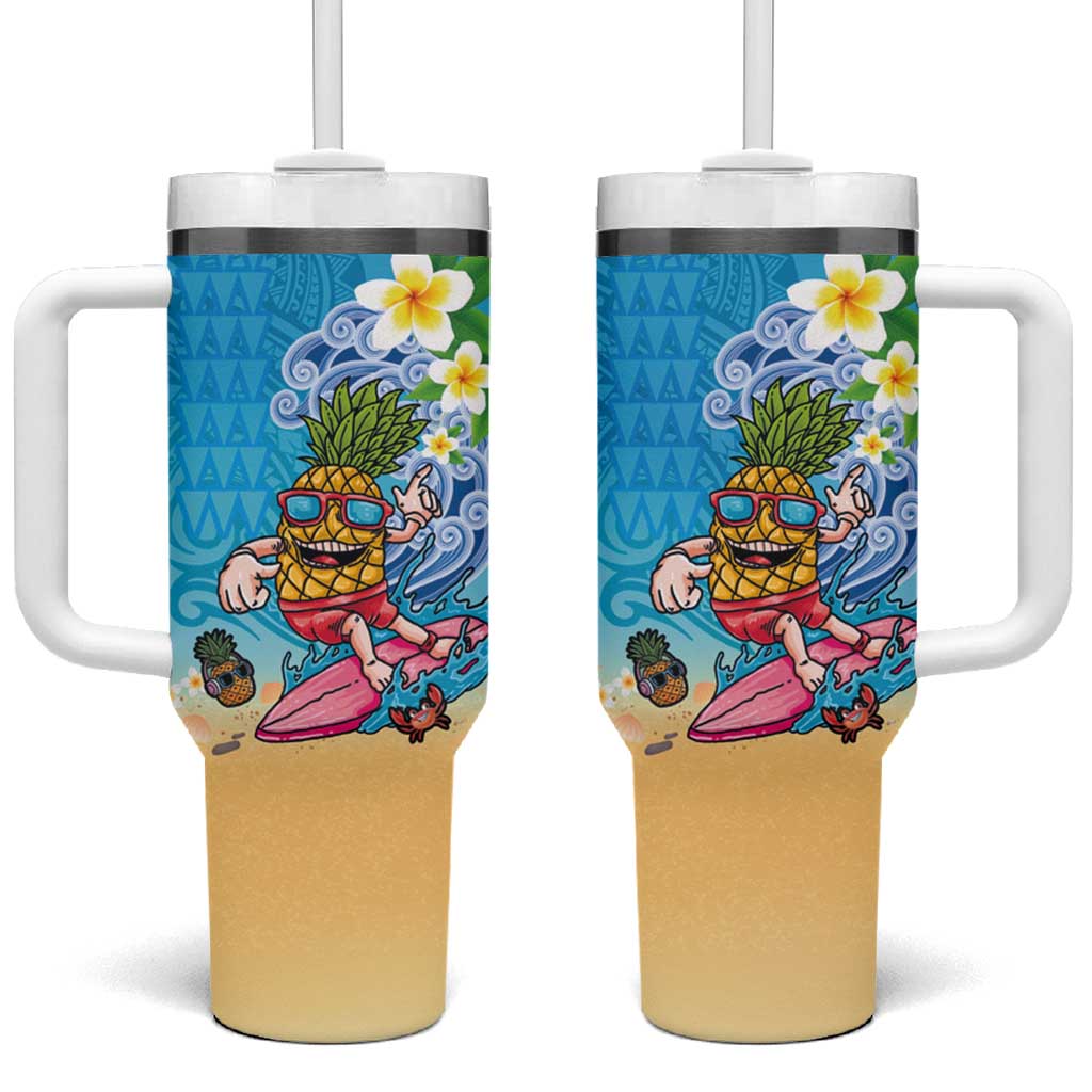 Hawaiian Funny Pineapple Surfing Tumbler With Handle Beach with Tribal Kakau and Plumeria