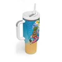 Hawaiian Funny Pineapple Surfing Tumbler With Handle Beach with Tribal Kakau and Plumeria