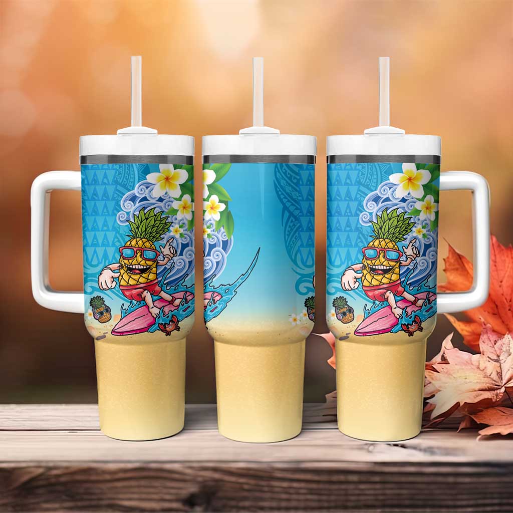 Hawaiian Funny Pineapple Surfing Tumbler With Handle Beach with Tribal Kakau and Plumeria
