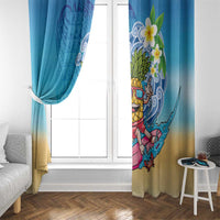 Hawaiian Funny Pineapple Surfing Window Curtain Beach with Tribal Kakau and Plumeria