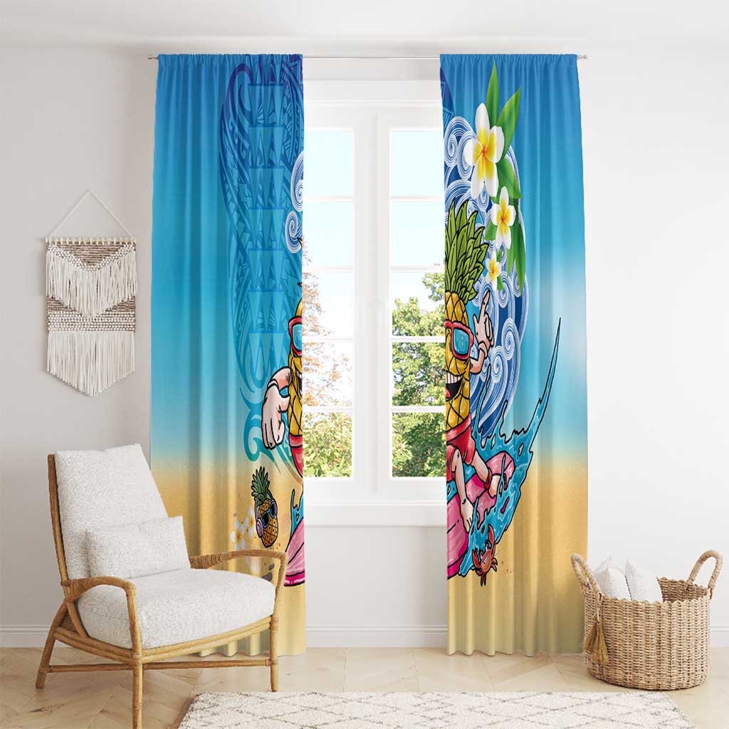 Hawaiian Funny Pineapple Surfing Window Curtain Beach with Tribal Kakau and Plumeria
