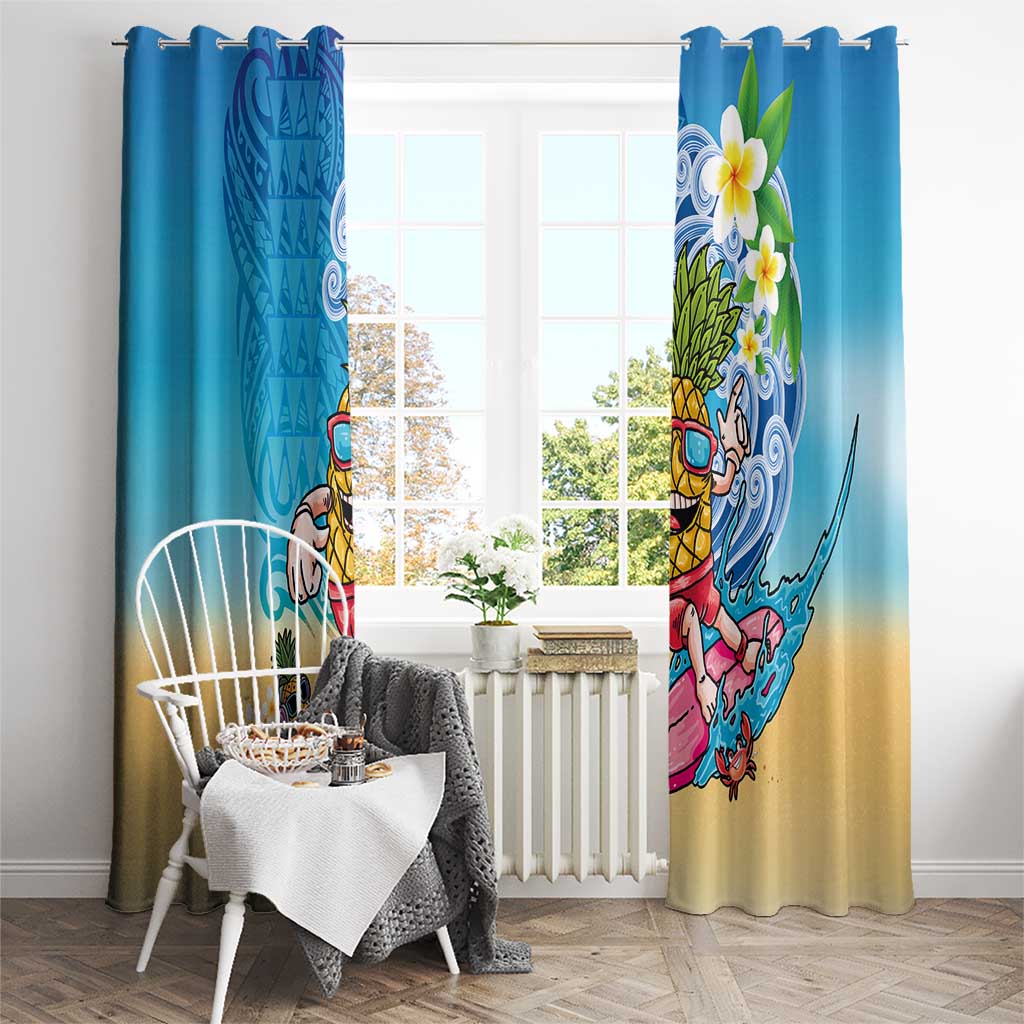 Hawaiian Funny Pineapple Surfing Window Curtain Beach with Tribal Kakau and Plumeria