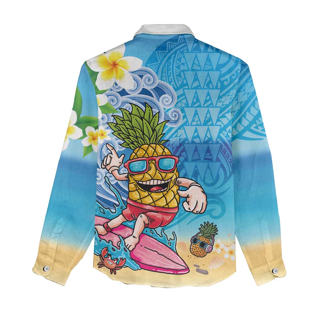 Hawaiian Funny Pineapple Surfing Women Casual Shirt Beach with Tribal Kakau and Plumeria LT03 - Polynesian Pride
