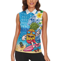 Hawaiian Funny Pineapple Surfing Women Sleeveless Polo Shirt Beach with Tribal Kakau and Plumeria LT03 - Polynesian Pride