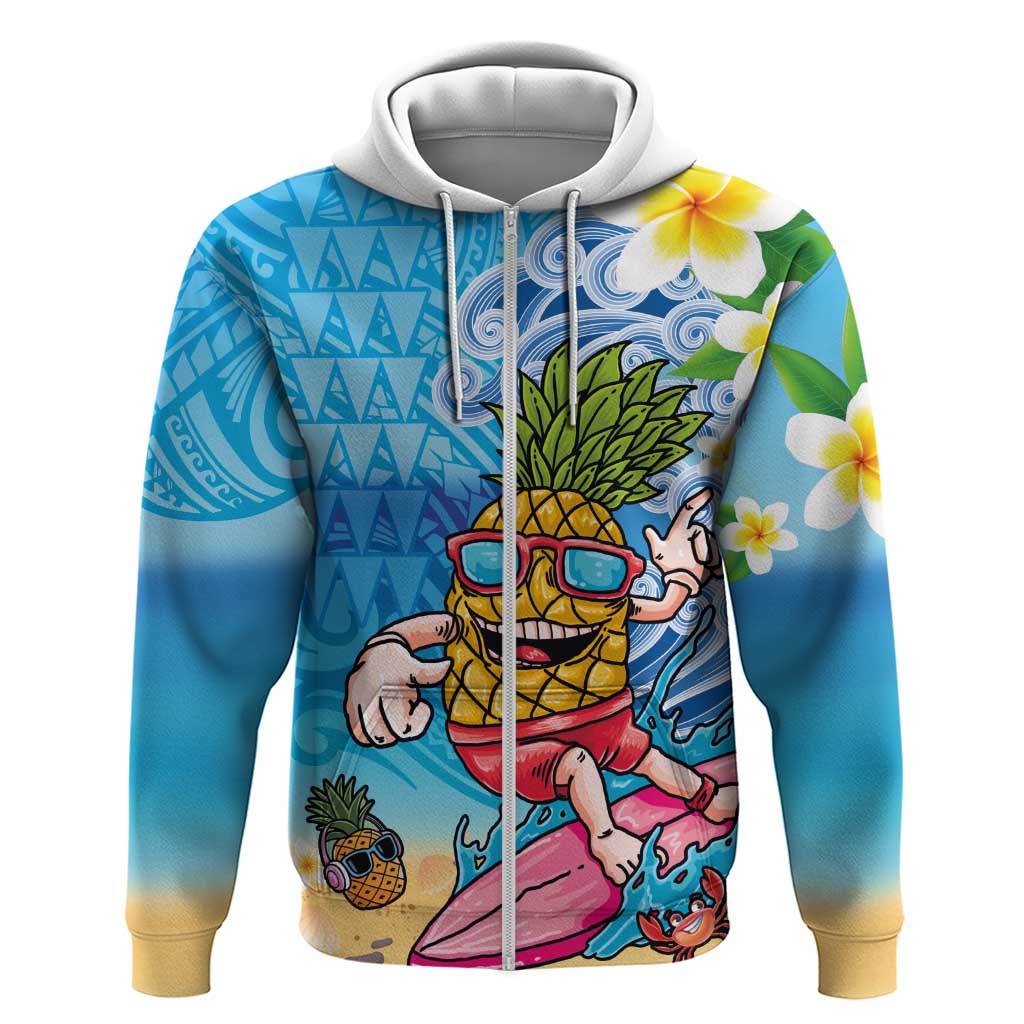 Hawaiian Funny Pineapple Surfing Zip Hoodie Beach with Tribal Kakau and Plumeria