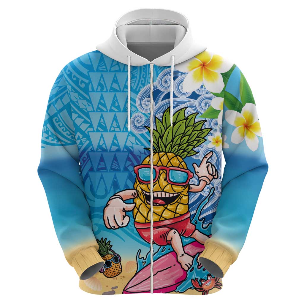 Hawaiian Funny Pineapple Surfing Zip Hoodie Beach with Tribal Kakau and Plumeria