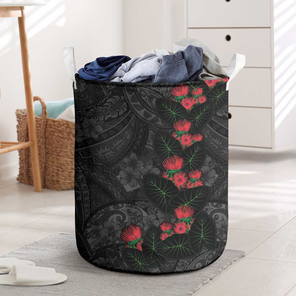 Hawaiian Taro Leaves and Ohia Lehua Laundry Basket Polynesian Tribal Art Tropical Plants Motifs Grayscale