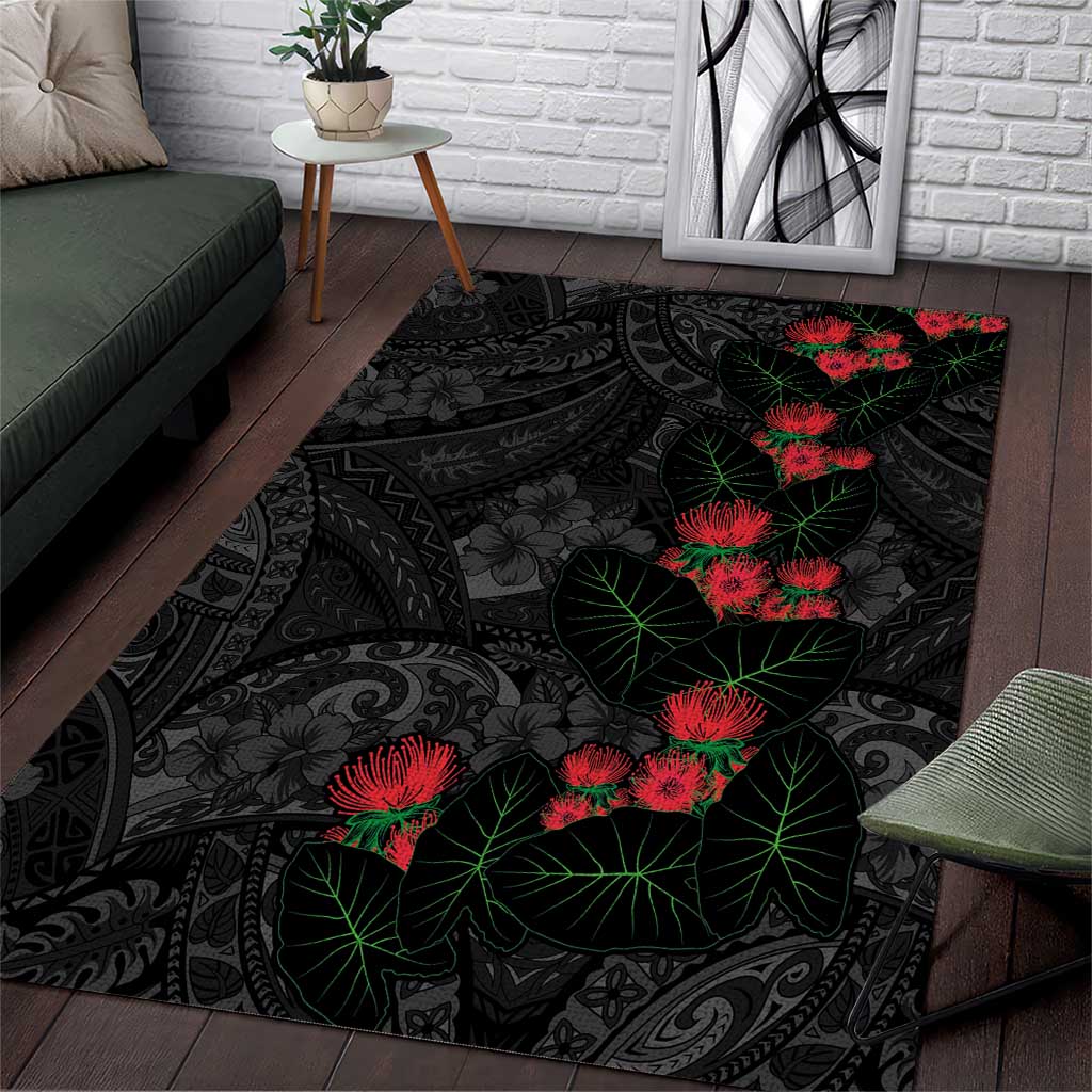 Hawaiian Taro Leaves and Ohia Lehua Area Rug Polynesian Tribal Art Tropical Plants Motifs Grayscale LT03 Multicolor - Polynesian Pride