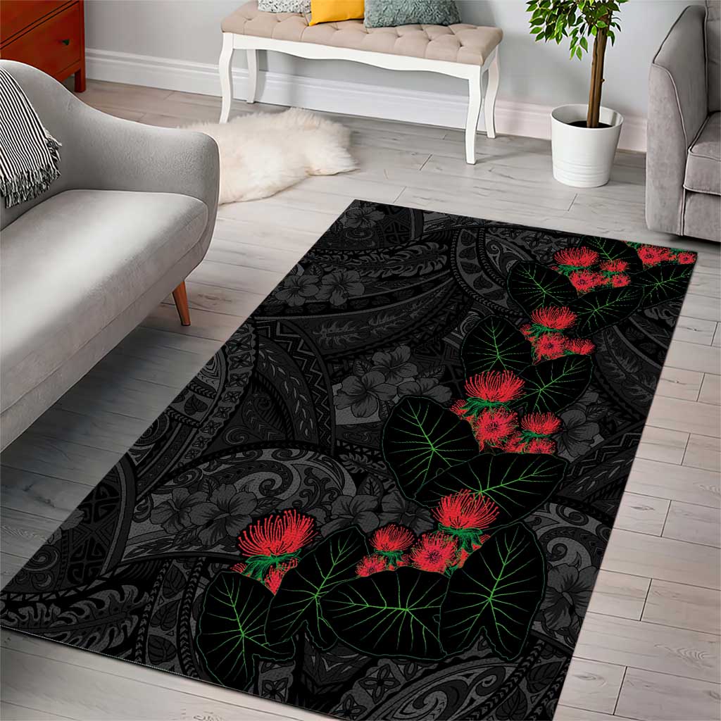 Hawaiian Taro Leaves and Ohia Lehua Area Rug Polynesian Tribal Art Tropical Plants Motifs Grayscale LT03 - Polynesian Pride