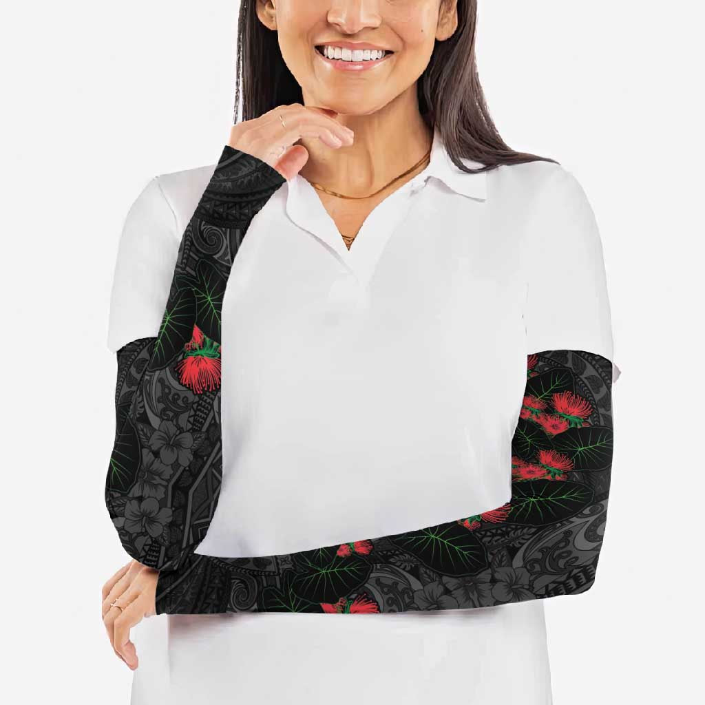 Hawaiian Taro Leaves and Ohia Lehua Arm Sleeves Polynesian Tribal Art Tropical Plants Motifs Grayscale LT03 - Polynesian Pride