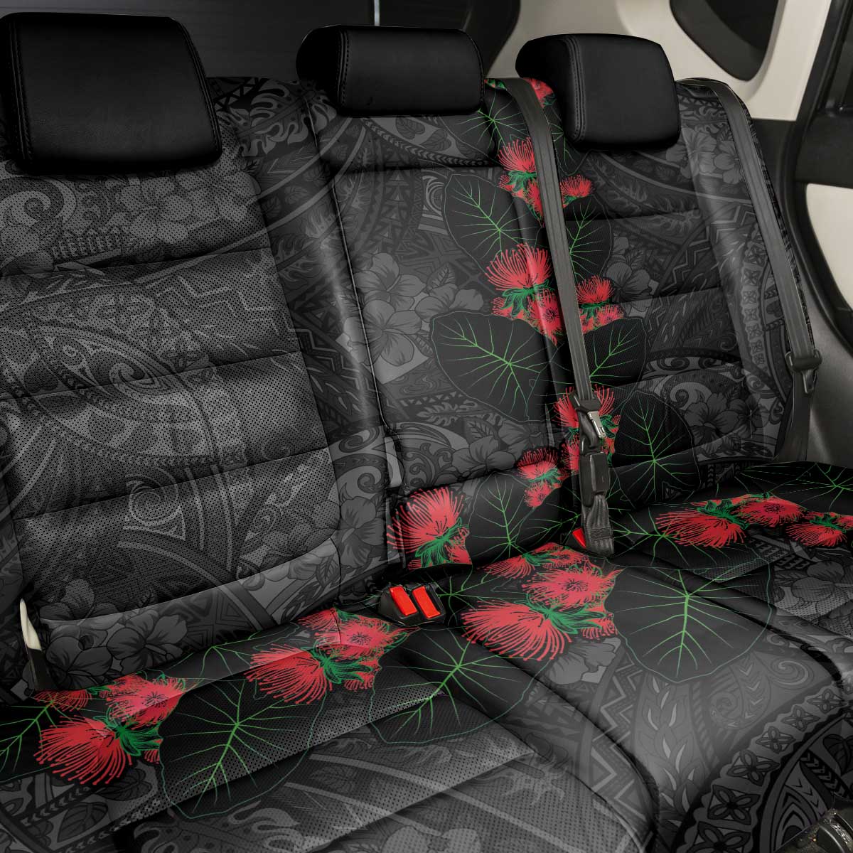 Hawaiian Taro Leaves and Ohia Lehua Back Car Seat Cover Polynesian Tribal Art Tropical Plants Motifs Grayscale LT03 - Polynesian Pride