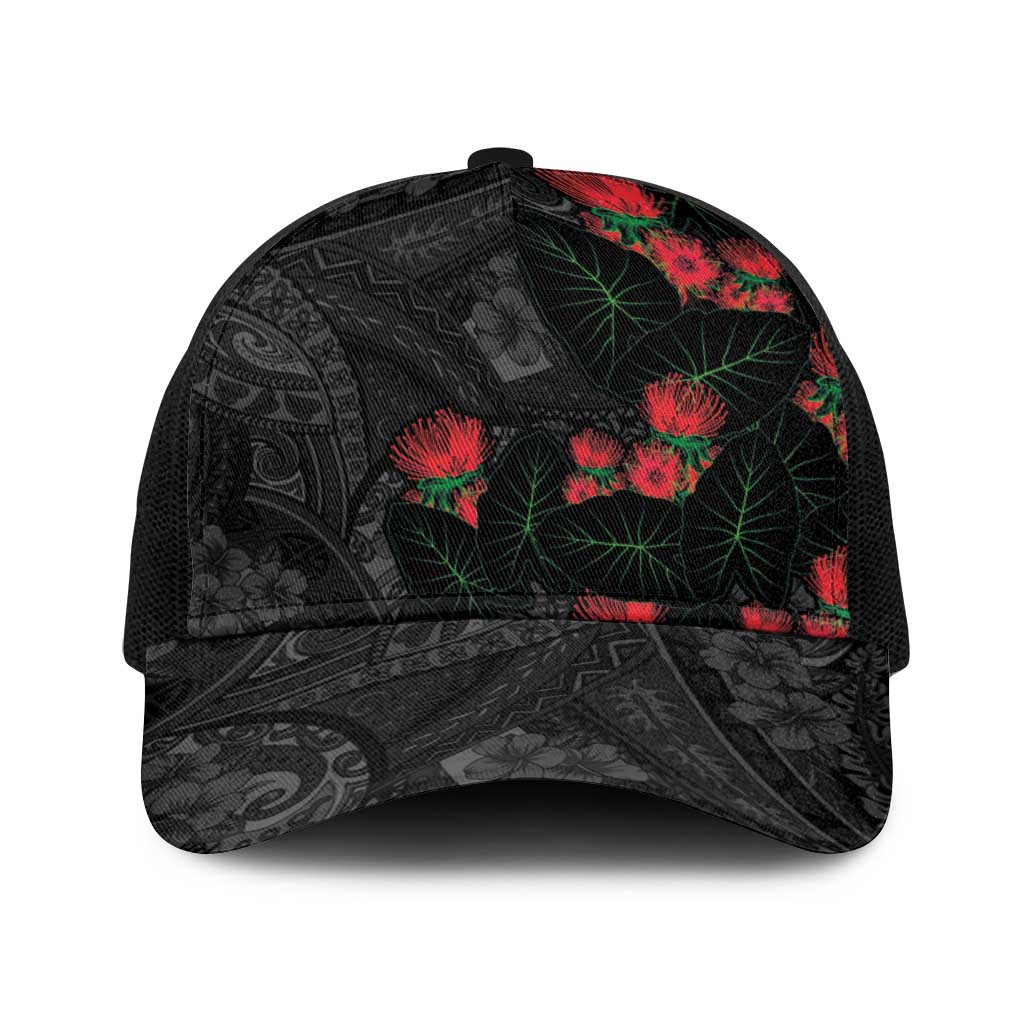 Hawaiian Taro Leaves and Ohia Lehua Baseball Net Cap Polynesian Tribal Art Tropical Plants Motifs Grayscale LT03 One Size Black Multicolor - Polynesian Pride