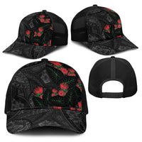 Hawaiian Taro Leaves and Ohia Lehua Baseball Net Cap Polynesian Tribal Art Tropical Plants Motifs Grayscale LT03 - Polynesian Pride