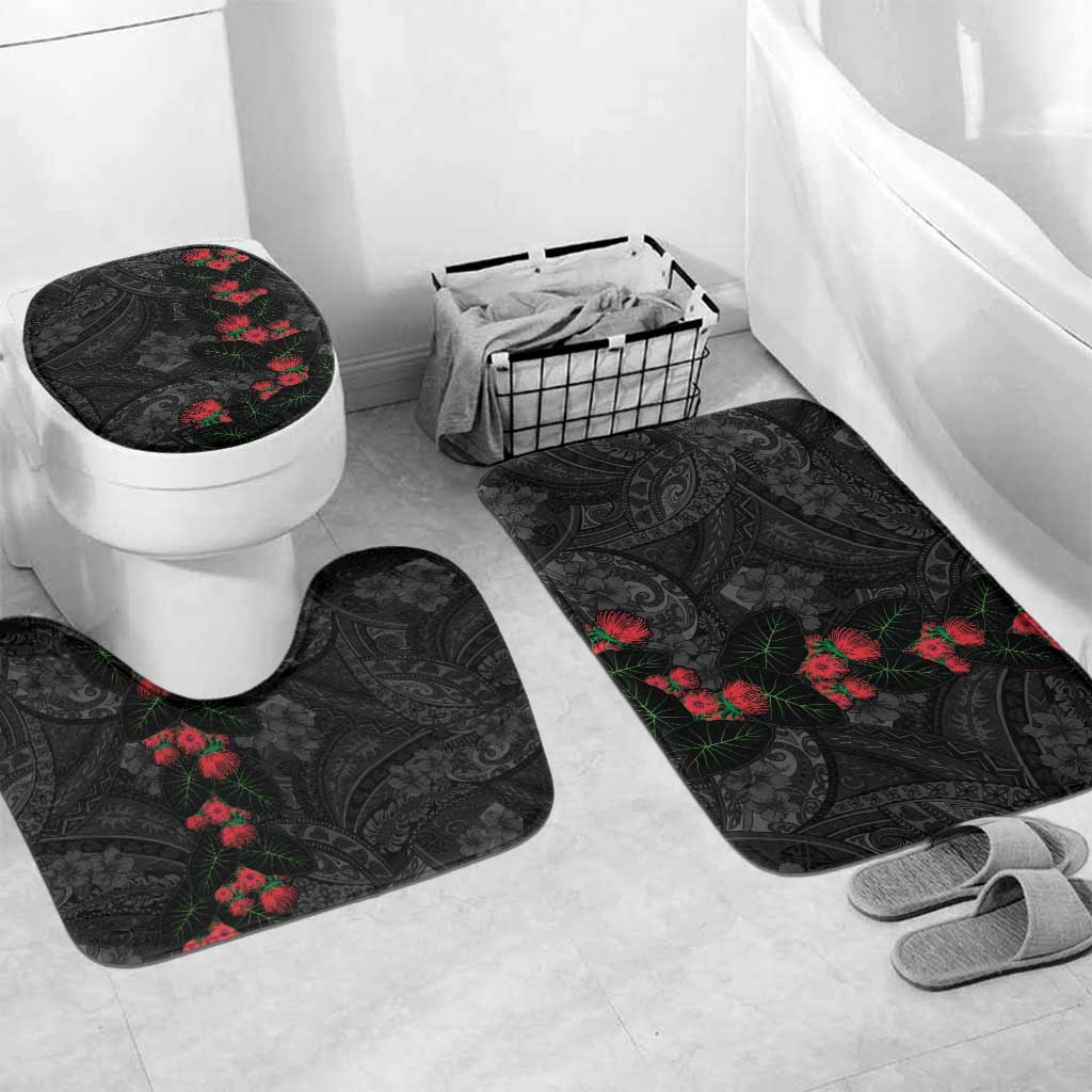 Hawaiian Taro Leaves and Ohia Lehua Bathroom Set Polynesian Tribal Art Tropical Plants Motifs Grayscale