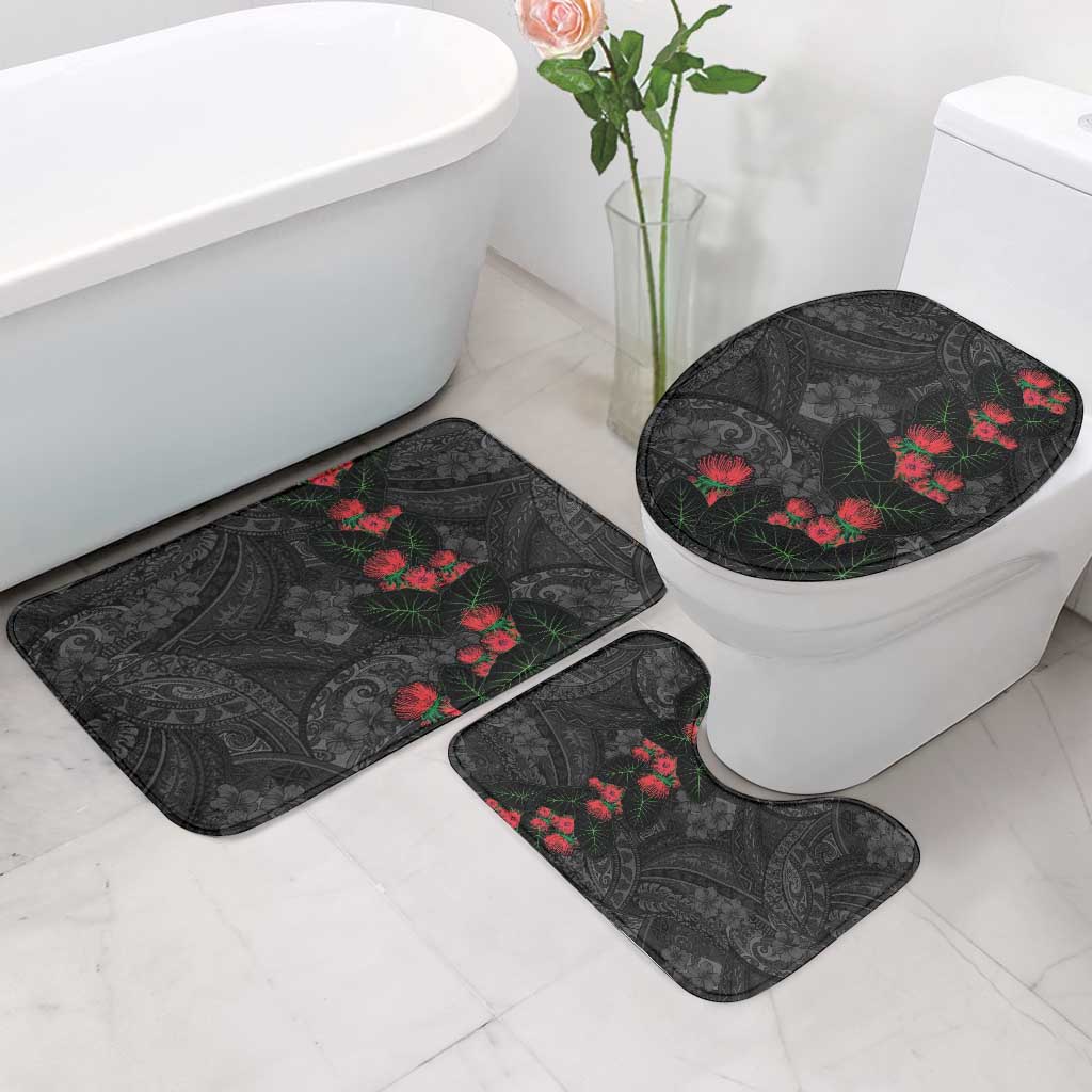 Hawaiian Taro Leaves and Ohia Lehua Bathroom Set Polynesian Tribal Art Tropical Plants Motifs Grayscale