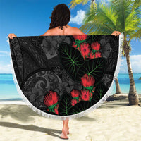 Hawaiian Taro Leaves and Ohia Lehua Beach Blanket Polynesian Tribal Art Tropical Plants Motifs Grayscale