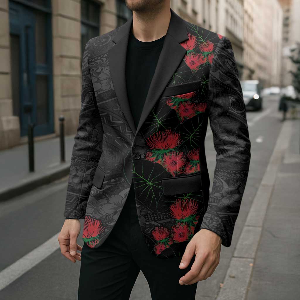 Hawaiian Taro Leaves and Ohia Lehua Blazer Polynesian Tribal Art Tropical Plants Motifs Grayscale