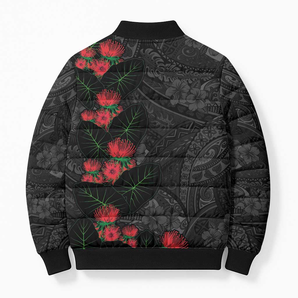 Hawaiian Taro Leaves and Ohia Lehua Bomber Puffer Jacket Polynesian Tribal Art Tropical Plants Motifs Grayscale