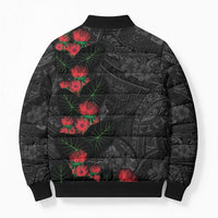Hawaiian Taro Leaves and Ohia Lehua Bomber Puffer Jacket Polynesian Tribal Art Tropical Plants Motifs Grayscale
