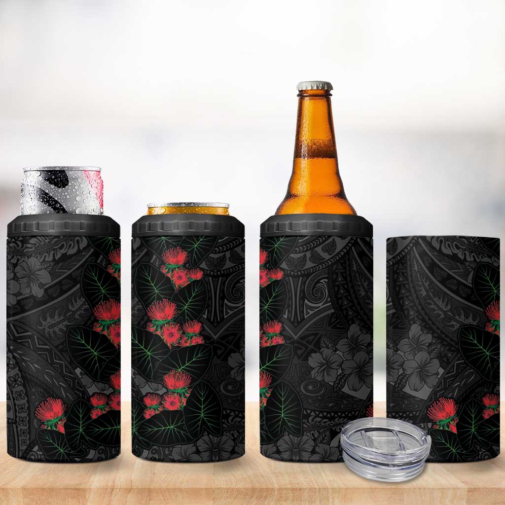 Hawaiian Taro Leaves and Ohia Lehua 4 in 1 Can Cooler Tumbler Polynesian Tribal Art Tropical Plants Motifs Grayscale LT03 - Polynesian Pride