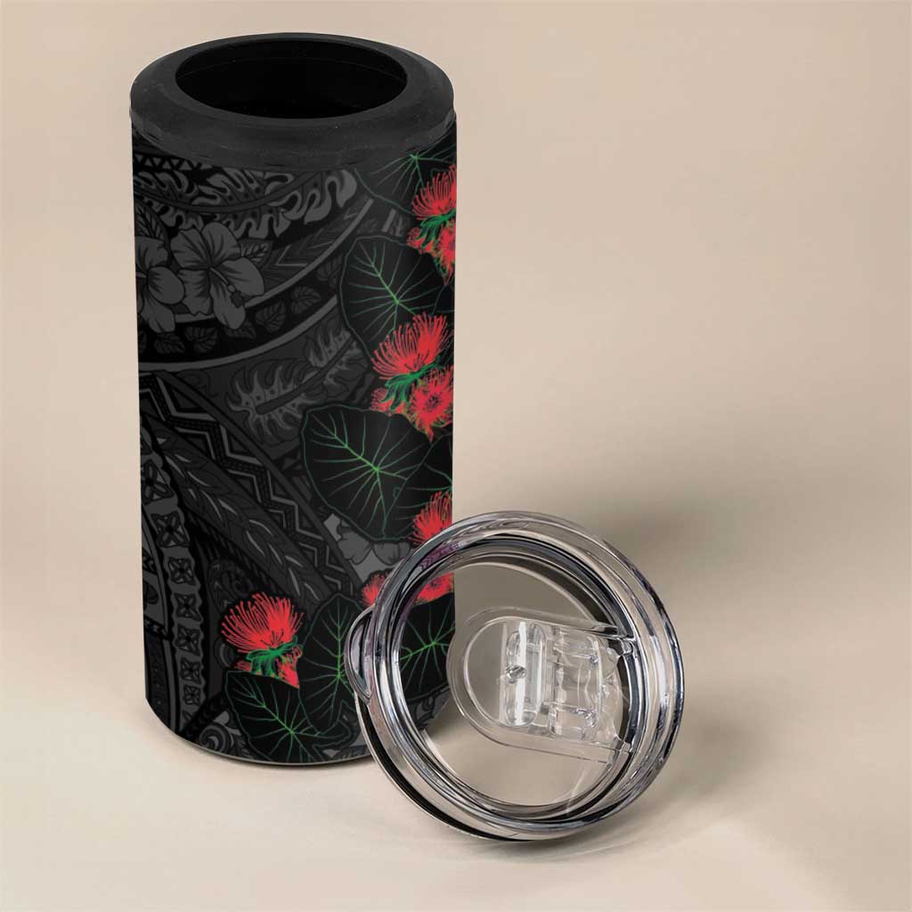 Hawaiian Taro Leaves and Ohia Lehua 4 in 1 Can Cooler Tumbler Polynesian Tribal Art Tropical Plants Motifs Grayscale LT03 - Polynesian Pride