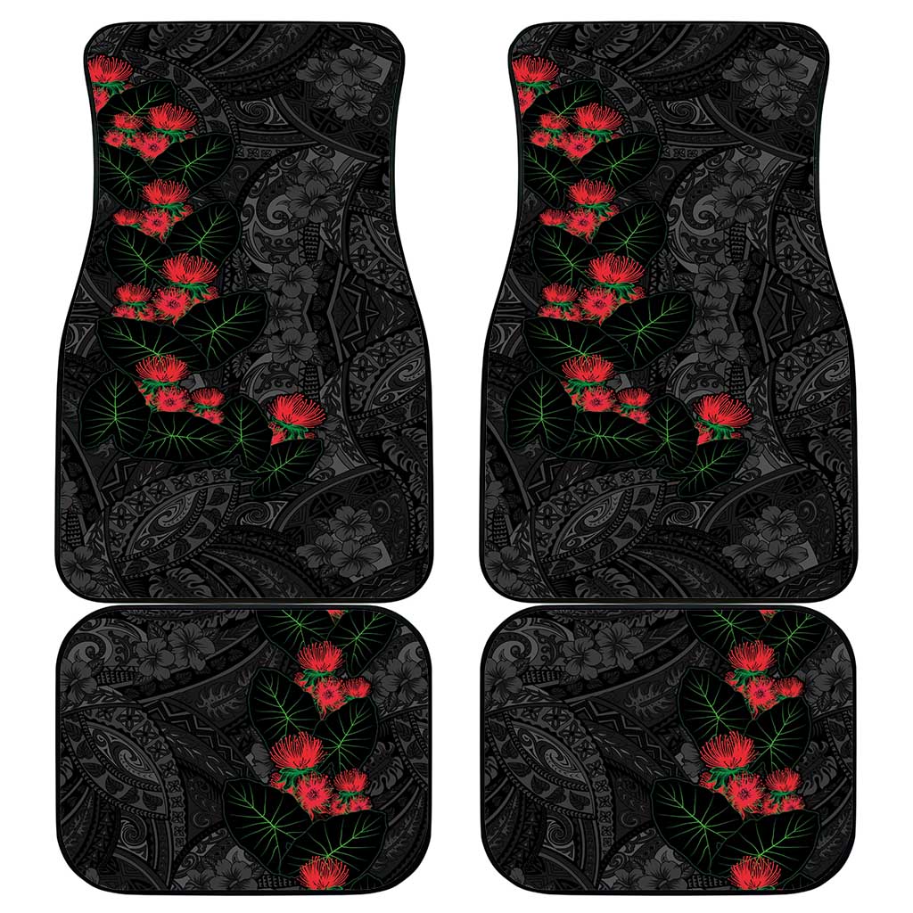 Hawaiian Taro Leaves and Ohia Lehua Car Mats Polynesian Tribal Art Tropical Plants Motifs Grayscale LT03 - Polynesian Pride