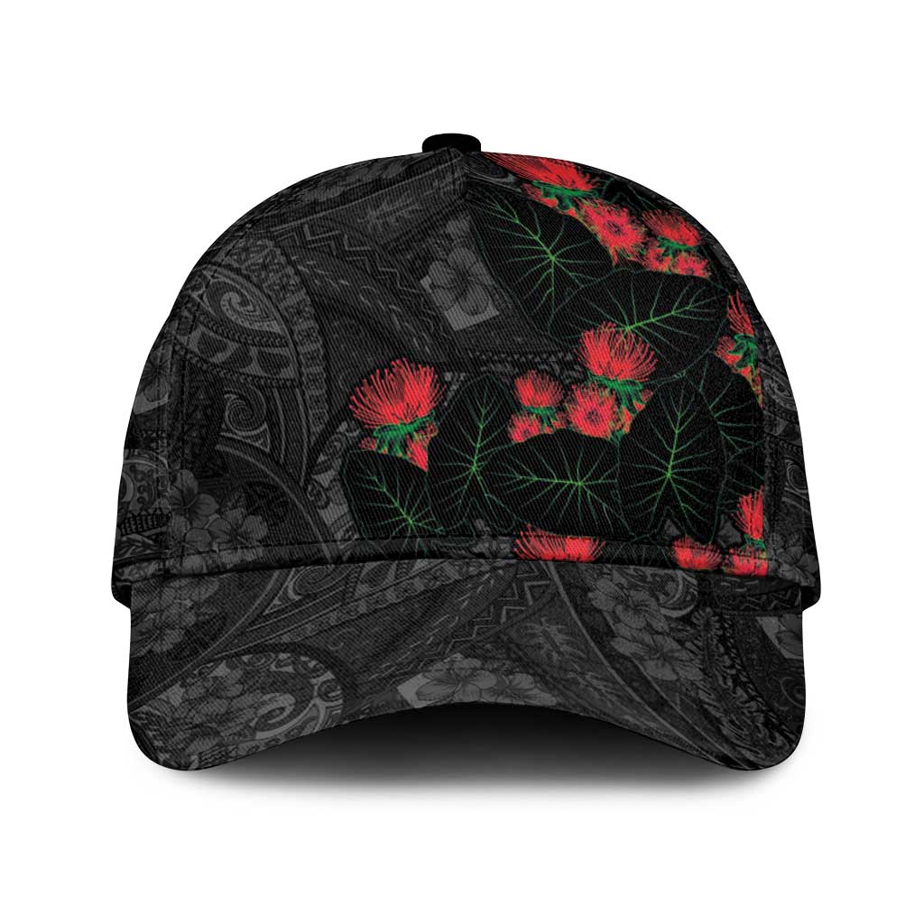 Hawaiian Taro Leaves and Ohia Lehua Classic Cap Polynesian Tribal Art Tropical Plants Motifs Grayscale LT03 Universal Fit Multicolor - Polynesian Pride