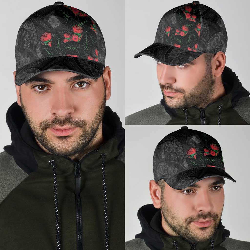 Hawaiian Taro Leaves and Ohia Lehua Classic Cap Polynesian Tribal Art Tropical Plants Motifs Grayscale LT03 - Polynesian Pride
