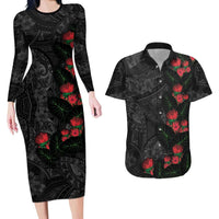 Hawaiian Taro Leaves and Ohia Lehua Couples Matching Long Sleeve Bodycon Dress and Hawaiian Shirt Polynesian Tribal Art Tropical Plants Motifs Grayscale LT03 Multicolor - Polynesian Pride