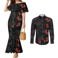 Hawaiian Taro Leaves and Ohia Lehua Couples Matching Mermaid Dress and Long Sleeve Button Shirt Polynesian Tribal Art Tropical Plants Motifs Grayscale LT03 Multicolor - Polynesian Pride