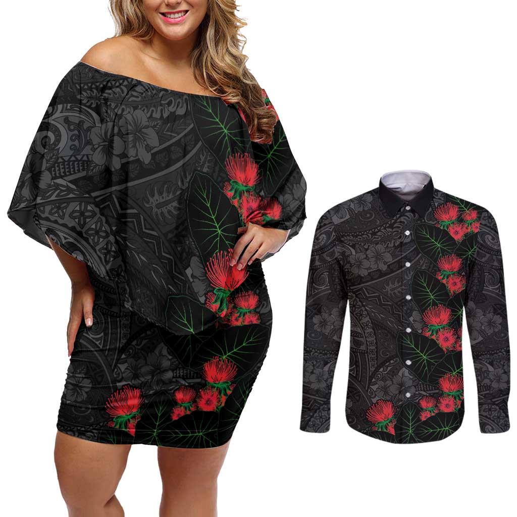 Hawaiian Taro Leaves and Ohia Lehua Couples Matching Off Shoulder Short Dress and Long Sleeve Button Shirt Polynesian Tribal Art Tropical Plants Motifs Grayscale LT03 Multicolor - Polynesian Pride
