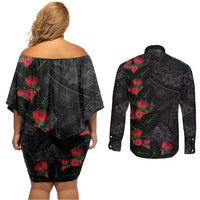 Hawaiian Taro Leaves and Ohia Lehua Couples Matching Off Shoulder Short Dress and Long Sleeve Button Shirt Polynesian Tribal Art Tropical Plants Motifs Grayscale LT03 - Polynesian Pride