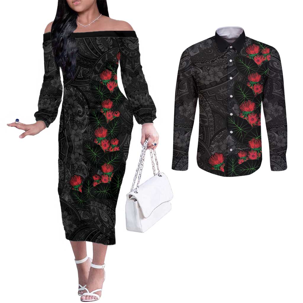 Hawaiian Taro Leaves and Ohia Lehua Couples Matching Off The Shoulder Long Sleeve Dress and Long Sleeve Button Shirt Polynesian Tribal Art Tropical Plants Motifs Grayscale LT03 Multicolor - Polynesian Pride