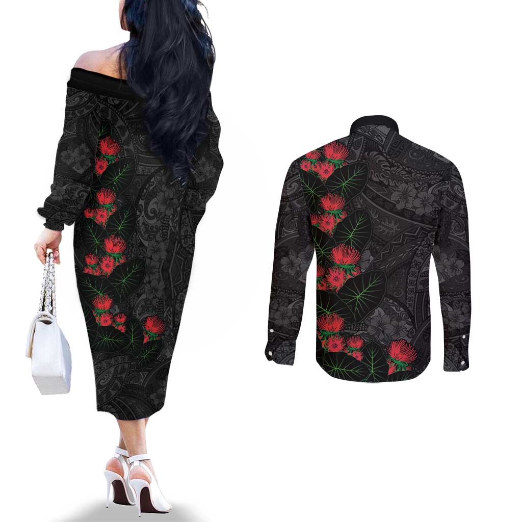 Hawaiian Taro Leaves and Ohia Lehua Couples Matching Off The Shoulder Long Sleeve Dress and Long Sleeve Button Shirt Polynesian Tribal Art Tropical Plants Motifs Grayscale LT03 - Polynesian Pride