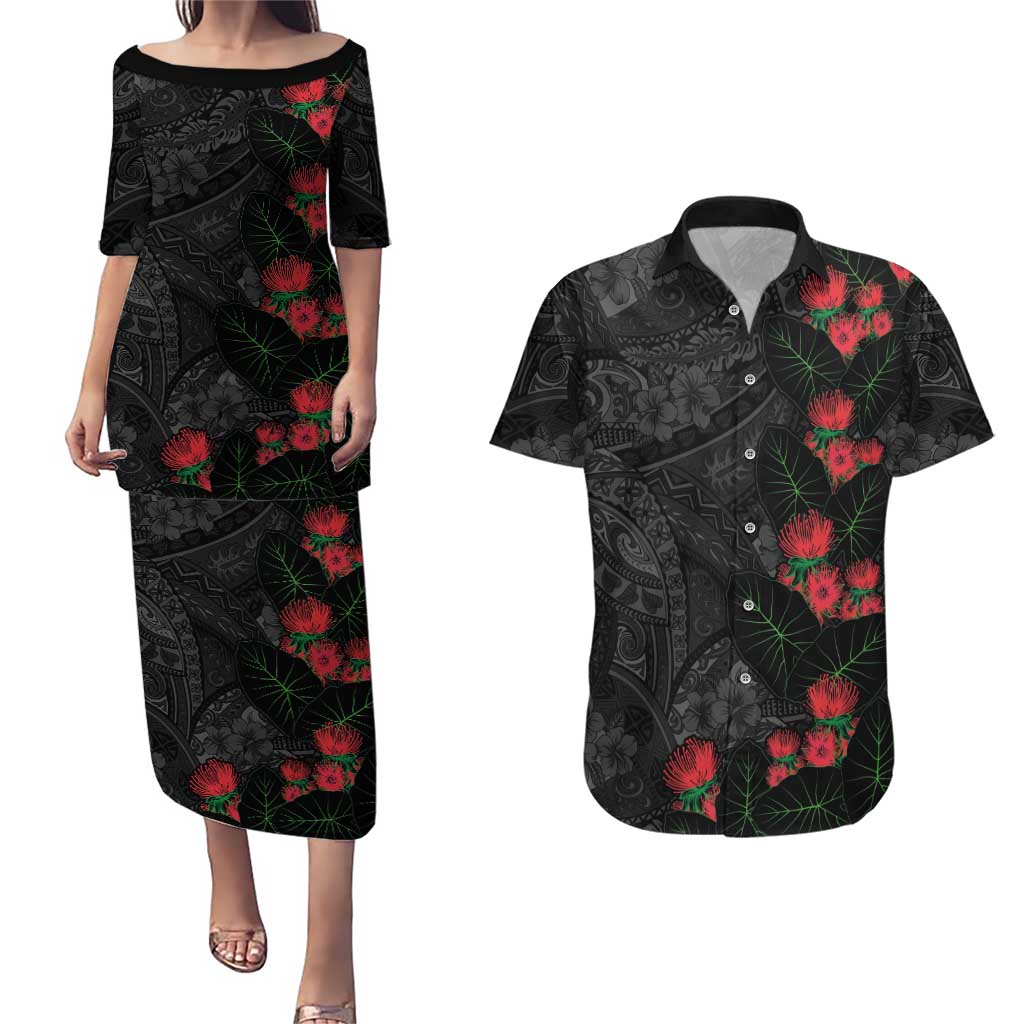 Hawaiian Taro Leaves and Ohia Lehua Couples Matching Puletasi and Hawaiian Shirt Polynesian Tribal Art Tropical Plants Motifs Grayscale LT03 Multicolor - Polynesian Pride