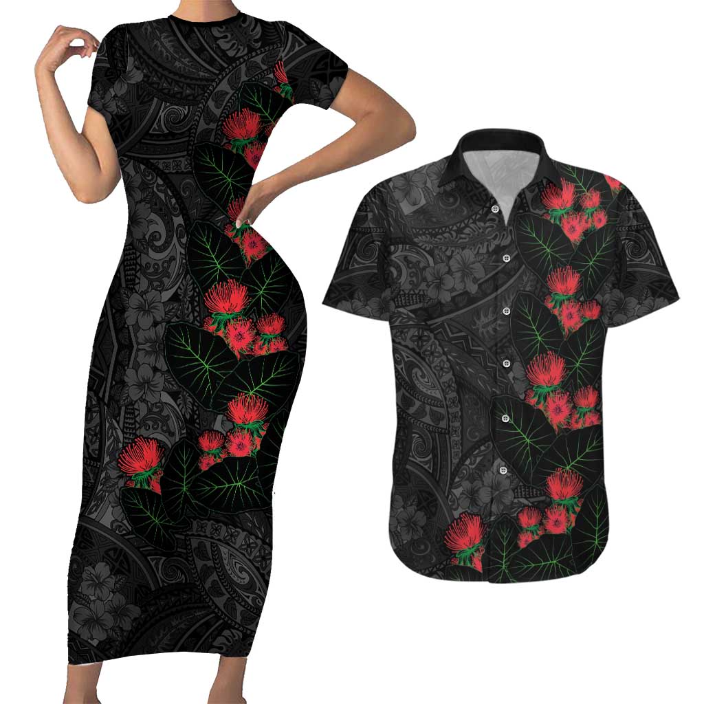 Hawaiian Taro Leaves and Ohia Lehua Couples Matching Short Sleeve Bodycon Dress and Hawaiian Shirt Polynesian Tribal Art Tropical Plants Motifs Grayscale LT03 Multicolor - Polynesian Pride