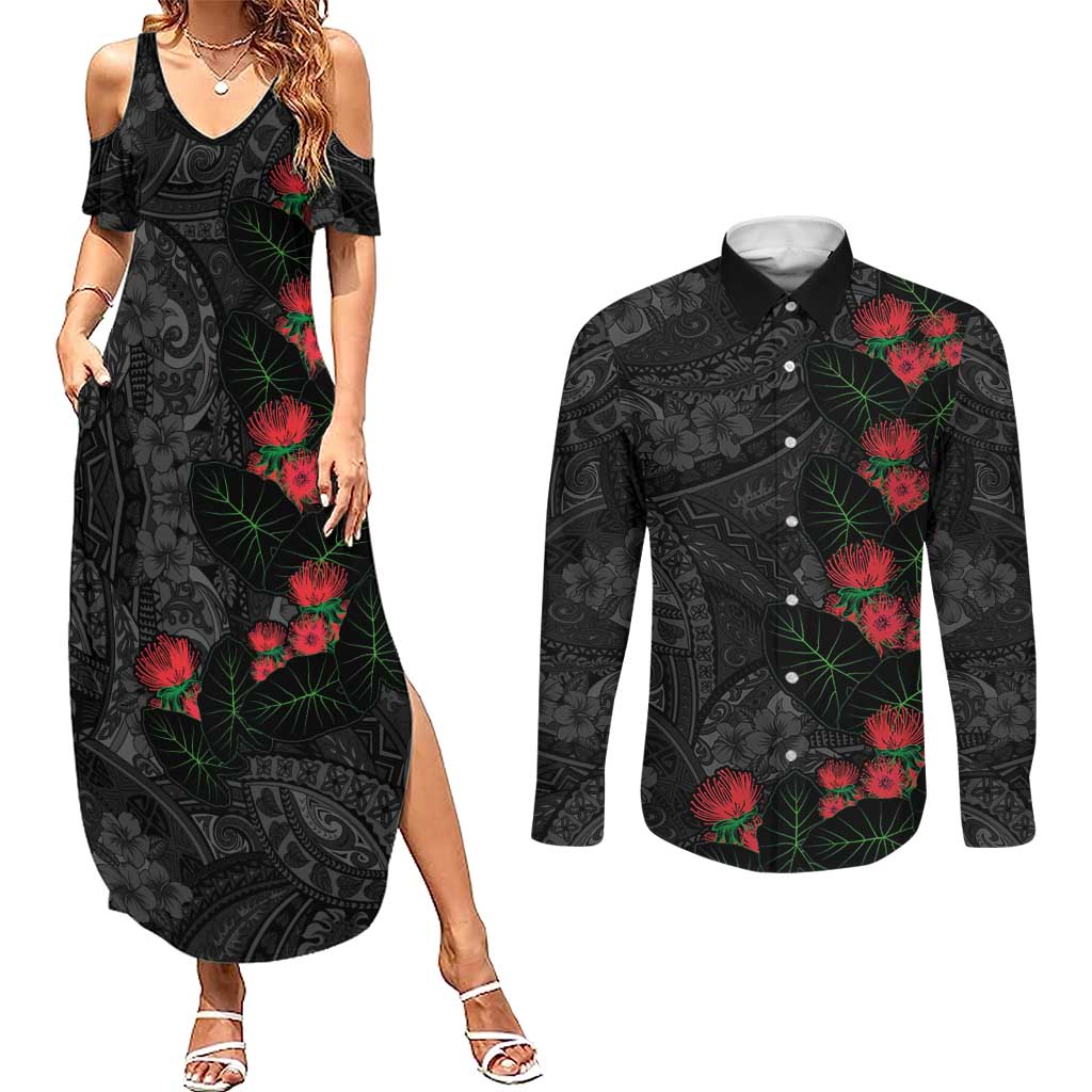 Hawaiian Taro Leaves and Ohia Lehua Couples Matching Summer Maxi Dress and Long Sleeve Button Shirt Polynesian Tribal Art Tropical Plants Motifs Grayscale