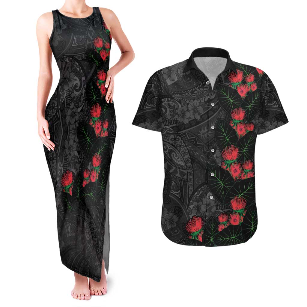 Hawaiian Taro Leaves and Ohia Lehua Couples Matching Tank Maxi Dress and Hawaiian Shirt Polynesian Tribal Art Tropical Plants Motifs Grayscale