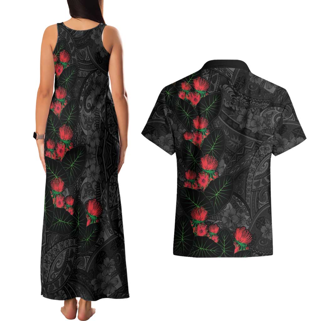 Hawaiian Taro Leaves and Ohia Lehua Couples Matching Tank Maxi Dress and Hawaiian Shirt Polynesian Tribal Art Tropical Plants Motifs Grayscale LT03 - Polynesian Pride