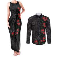 Hawaiian Taro Leaves and Ohia Lehua Couples Matching Tank Maxi Dress and Long Sleeve Button Shirt Polynesian Tribal Art Tropical Plants Motifs Grayscale LT03 Multicolor - Polynesian Pride