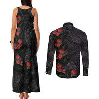 Hawaiian Taro Leaves and Ohia Lehua Couples Matching Tank Maxi Dress and Long Sleeve Button Shirt Polynesian Tribal Art Tropical Plants Motifs Grayscale LT03 - Polynesian Pride