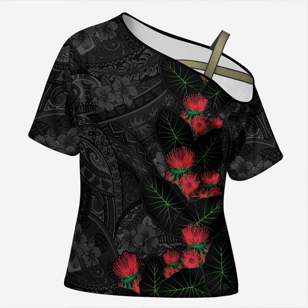 Hawaiian Taro Leaves and Ohia Lehua Cross Shoulder Shirt Polynesian Tribal Art Tropical Plants Motifs Grayscale LT03 Female Multicolor - Polynesian Pride